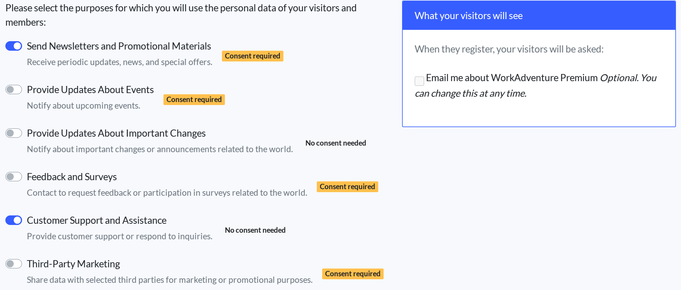 Declaring the newsletter purpose: the panel on the right previews the consent checkbox