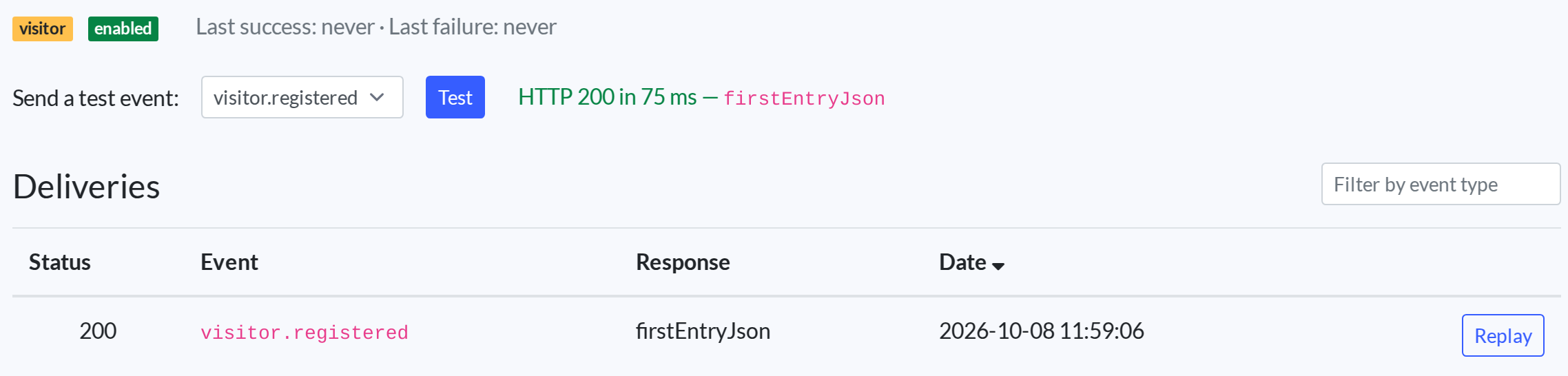 Sending a test event from the webhook page