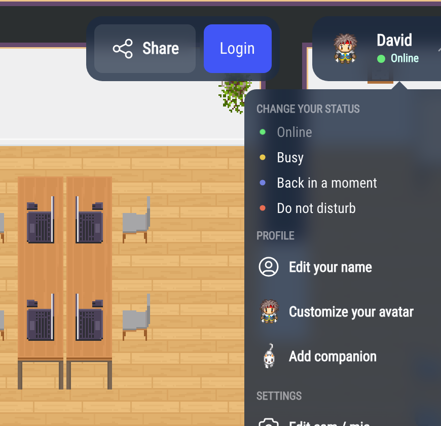 The "Change your status" section of your profile menu
