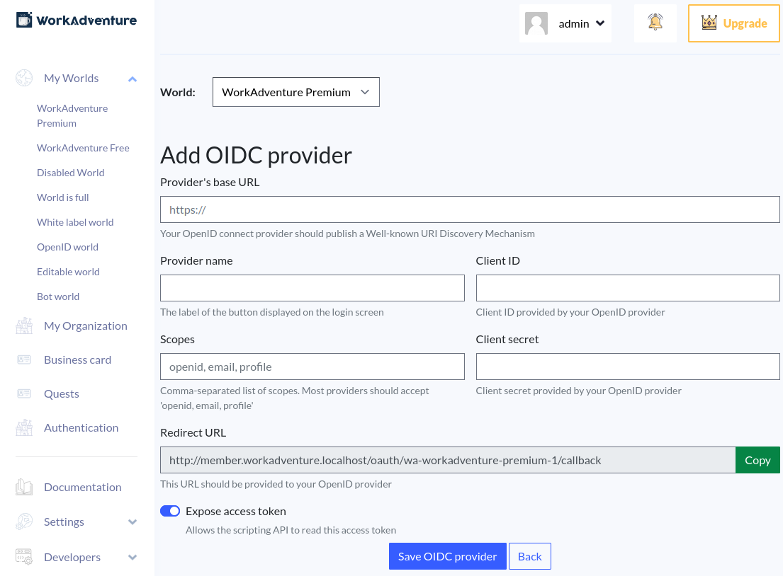 BO OpenId connect form