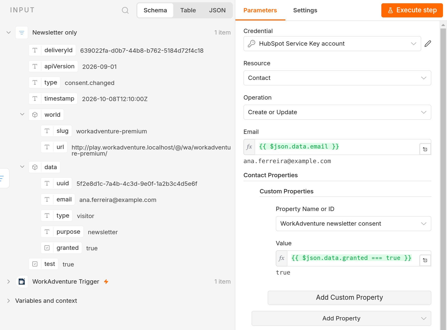 The HubSpot node sets the consent property from the decision