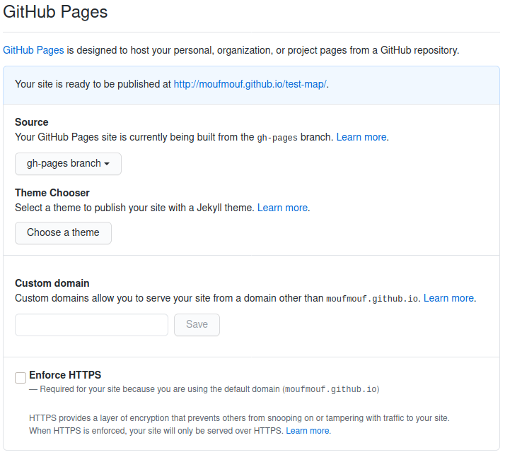 The GitHub pages configuration section