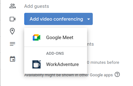The drop-down displayed to select between Google Meet and WorkAdventure
