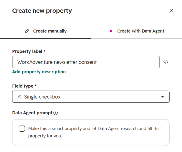 The "WorkAdventure newsletter consent" property, a single checkbox