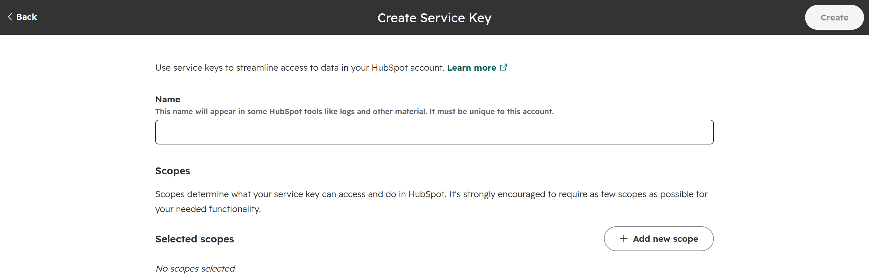 Creating a service key in HubSpot