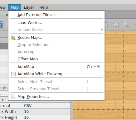 The Map properties menu