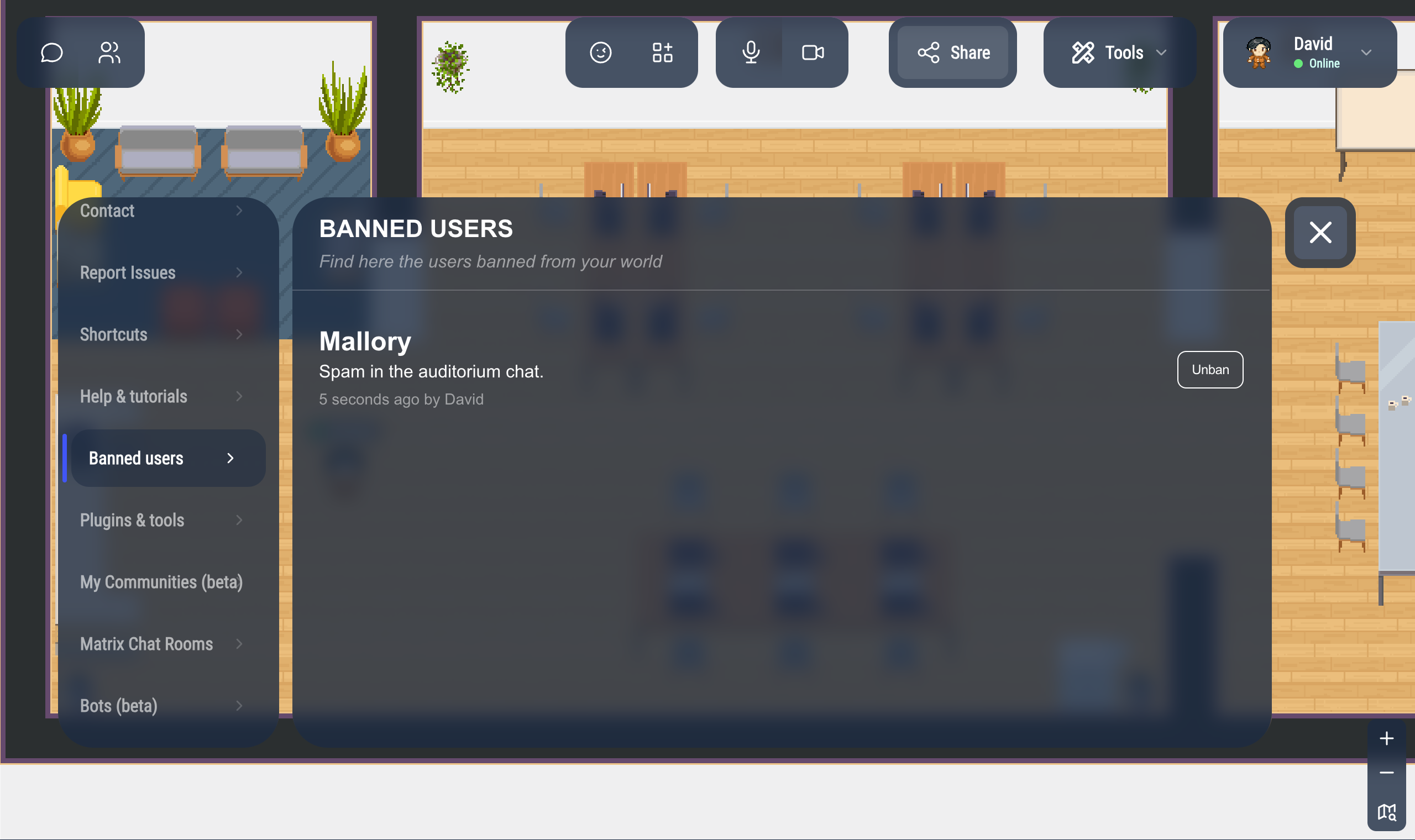 The "Banned users" page in the game menu