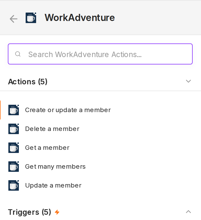 The actions of the WorkAdventure node in the n8n nodes panel