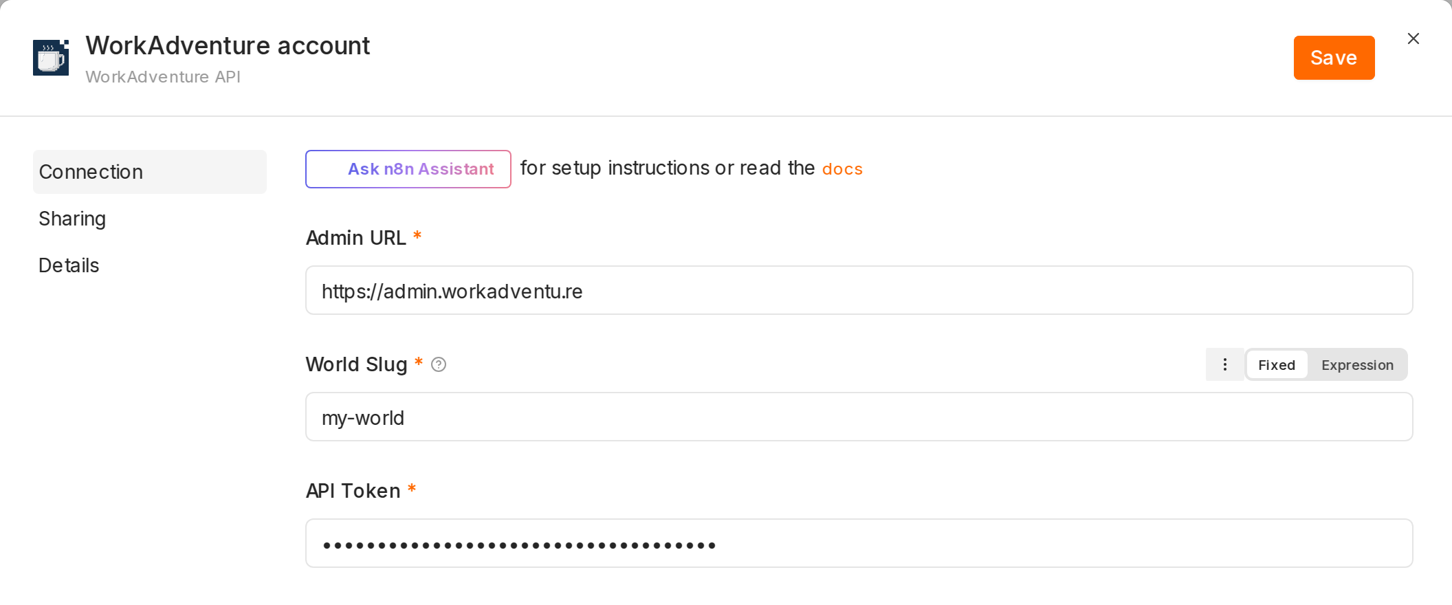 The WorkAdventure API credential in n8n, with the Admin URL, the World Slug and the API Token