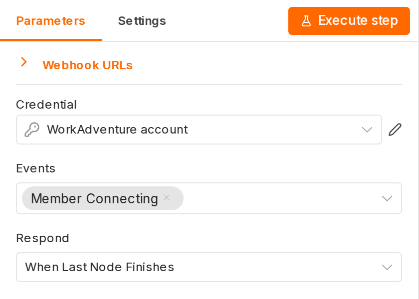 A WorkAdventure Trigger on Member Connecting, set to respond when the last node finishes