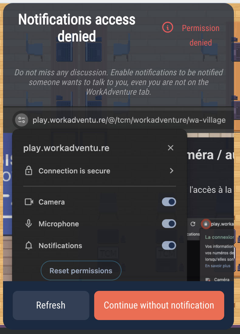 The "Notifications access denied" window