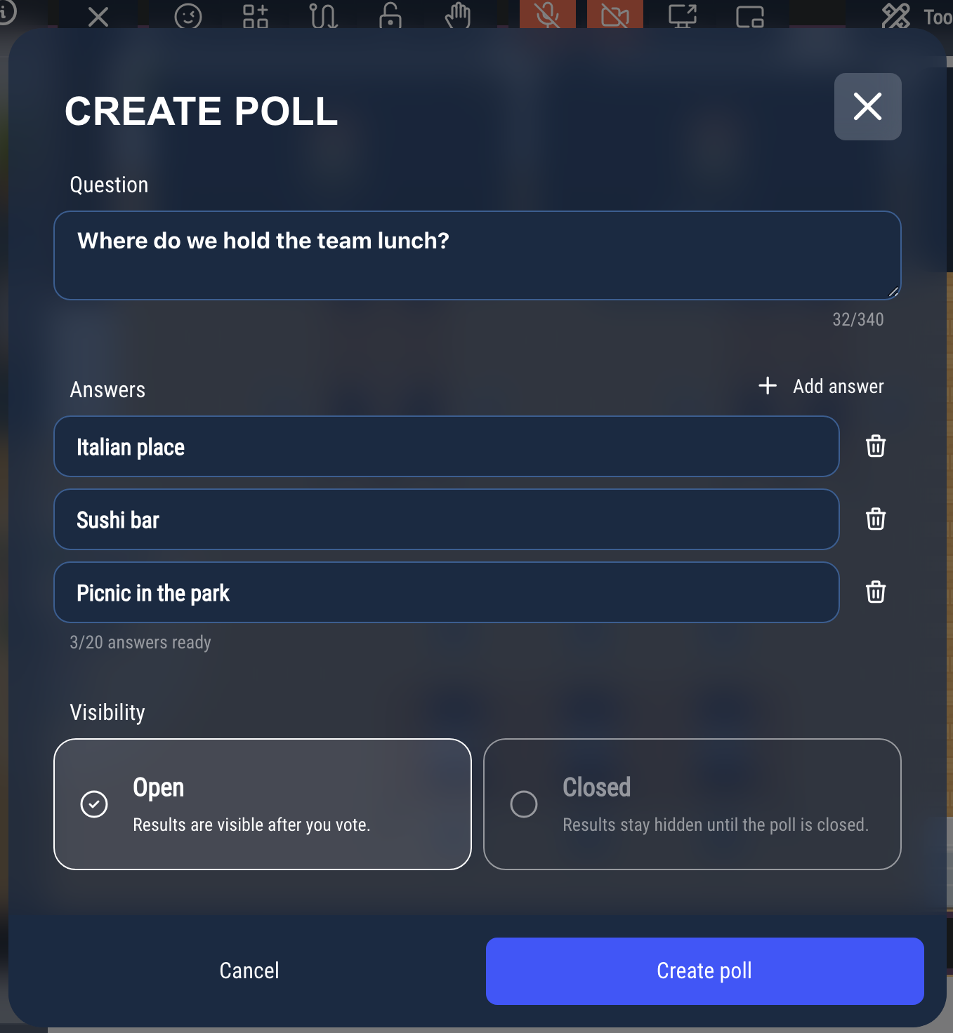 The "Create poll" window