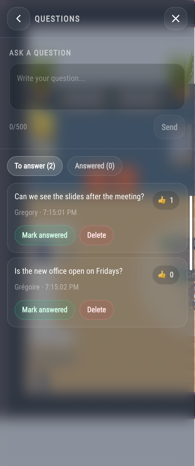 The Questions panel as an administrator sees it: two questions, the first one with one vote