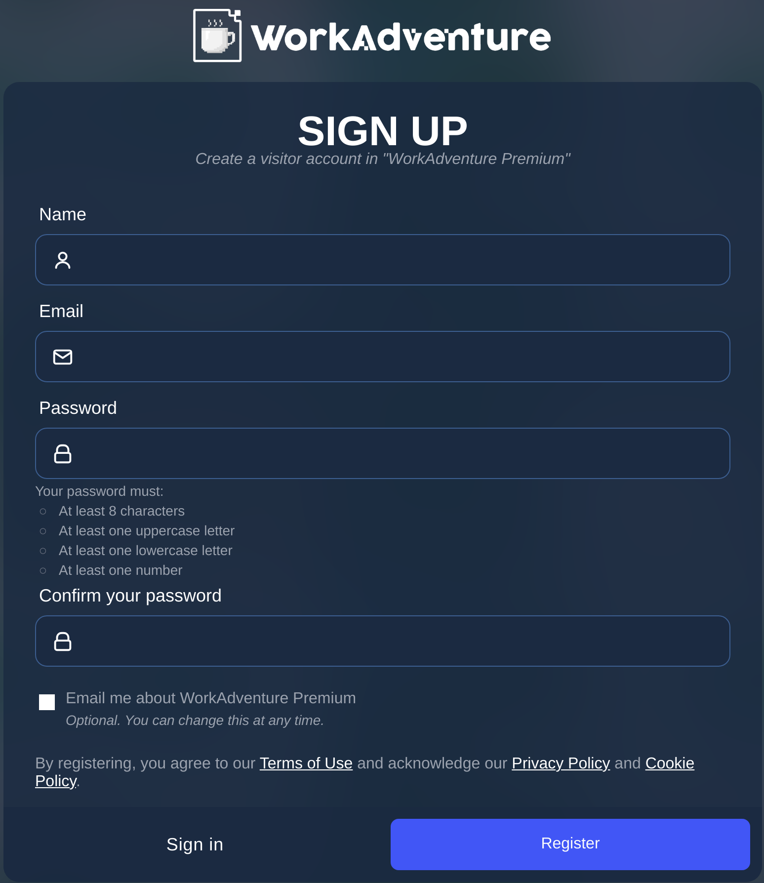 The sign-up form, with the consent checkbox