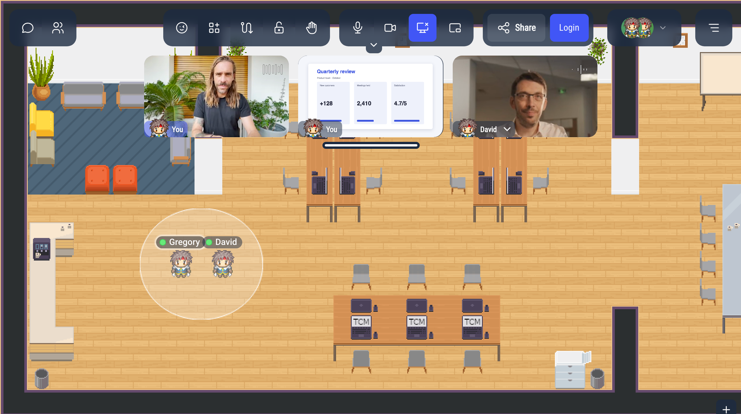 Gregory shares his screen: the button is highlighted, and his share appears next to his camera