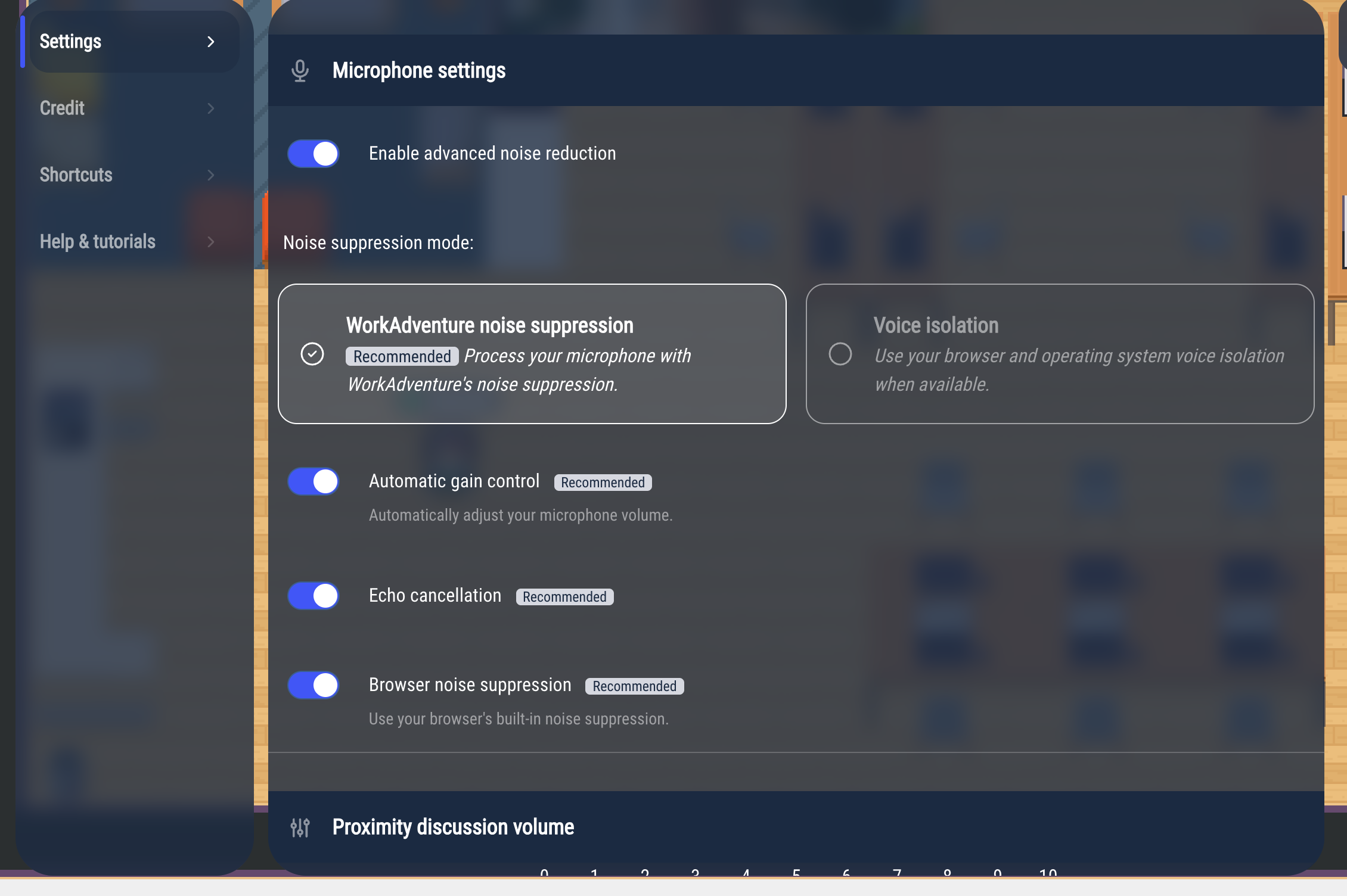 The microphone settings, with advanced noise reduction turned on