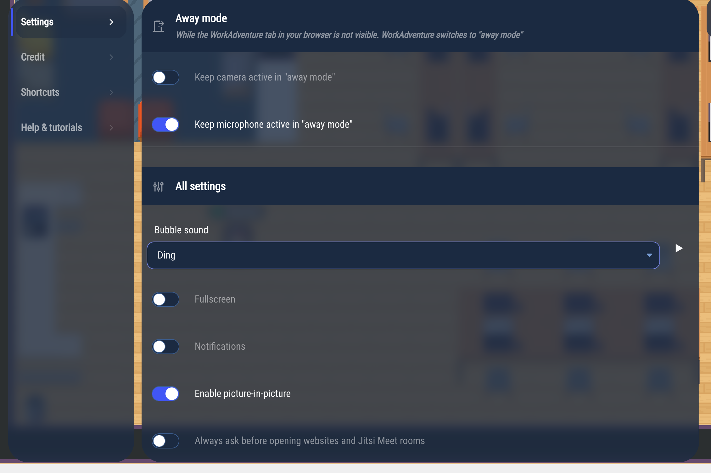 The away mode and the other settings