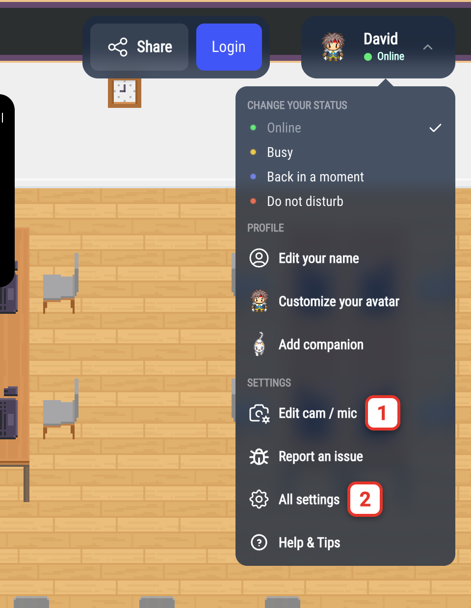 Your profile menu: "Edit cam / mic" (1) and "All settings" (2)
