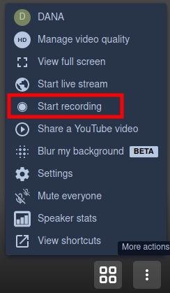 The start recording button in Jitsi actions menu
