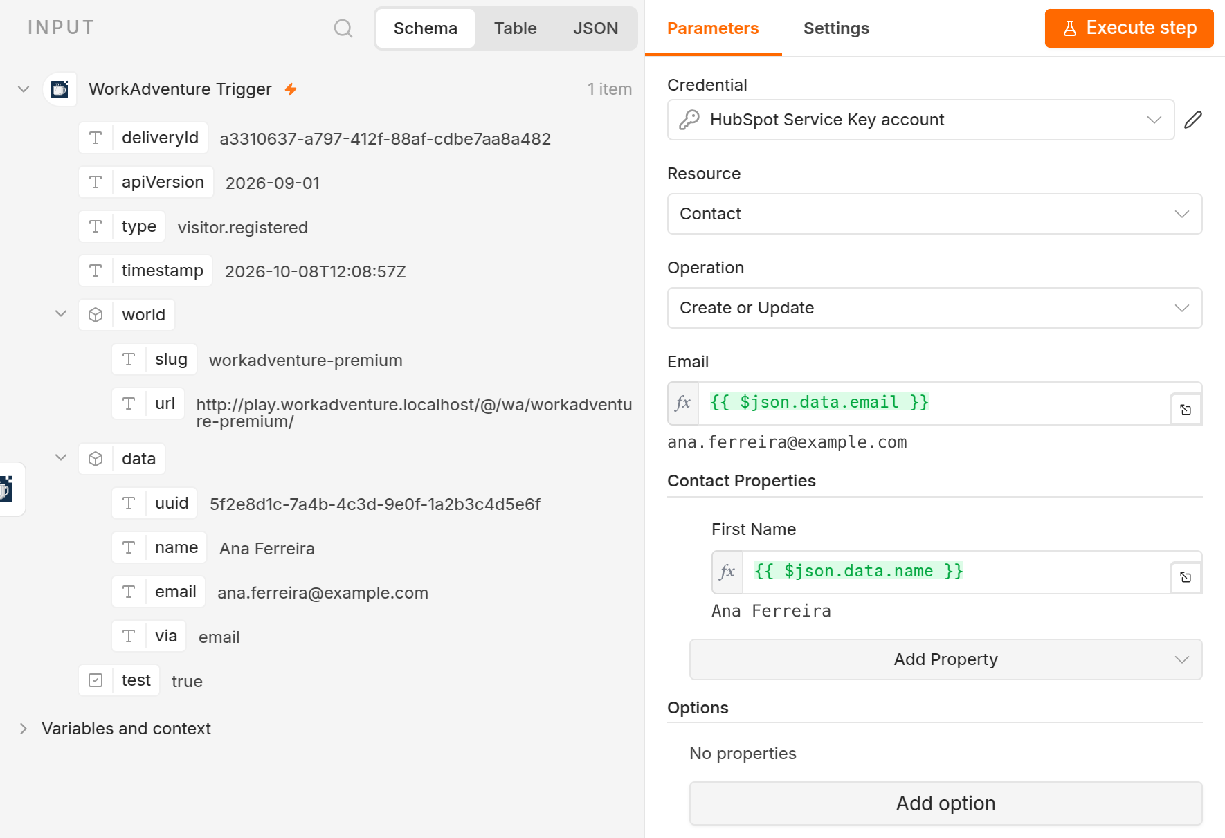 The HubSpot node creates or updates the contact from the email and the name of the visitor
