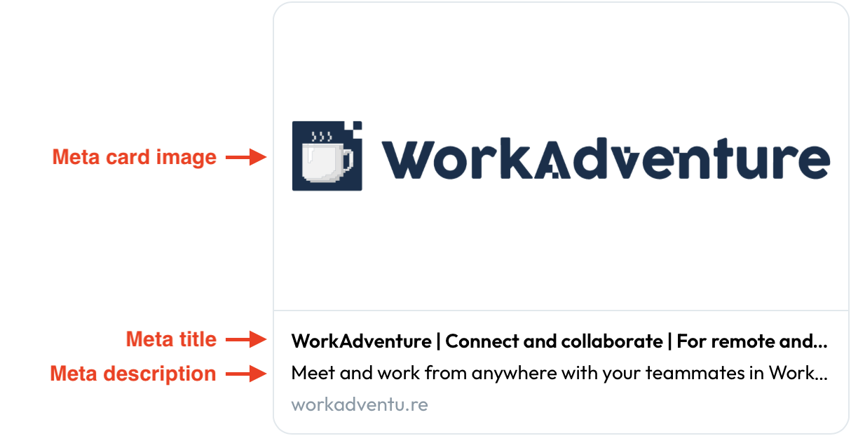 Screenshot of the card result for &quot;WorkAdventure&quot; on social media - Example for meta customization