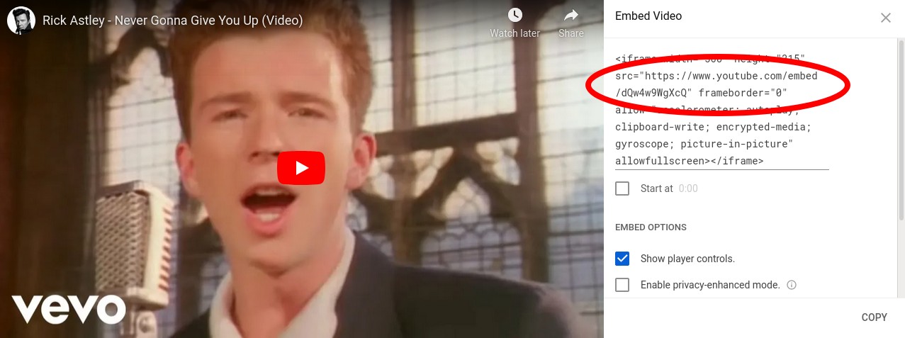 Find the URL of your video in the &quot;embed Video&quot; HTML snippet on Youtube